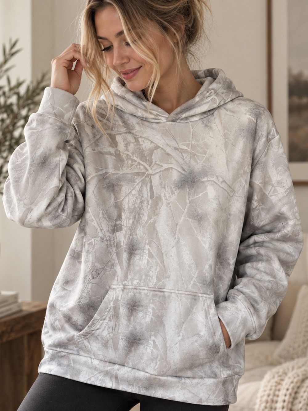 Camo Hoodie Women’s Large Neutral Botanical Print Oversized Pullover